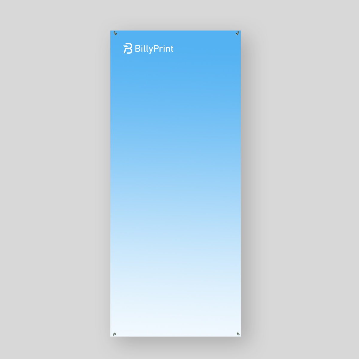 A vertical blue gradient banner with the logo "BillyPrint" at the top, displayed on an adjustable X banner stand.