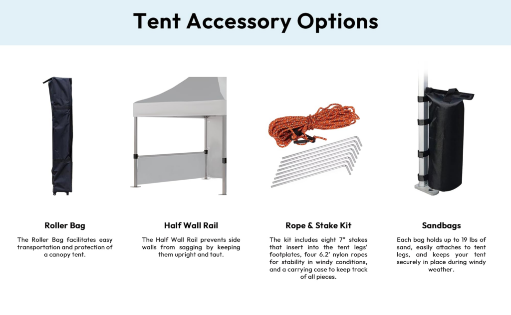 Accessory options for BillyPrint tents including roller bags, half wall rails, rope and stake kits, and sandbags