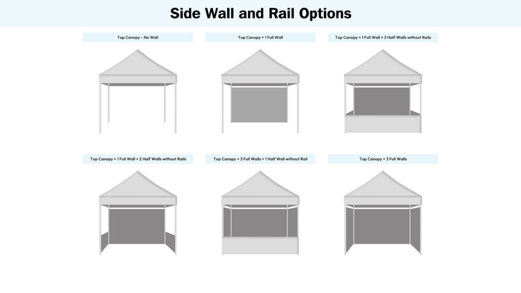 BillyPrint canopy tent configurations with different combinations of side walls and double-sided printing options