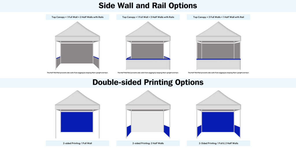 Various side wall and rail options for BillyPrint canopy tents, showing no wall, full and half wall setups