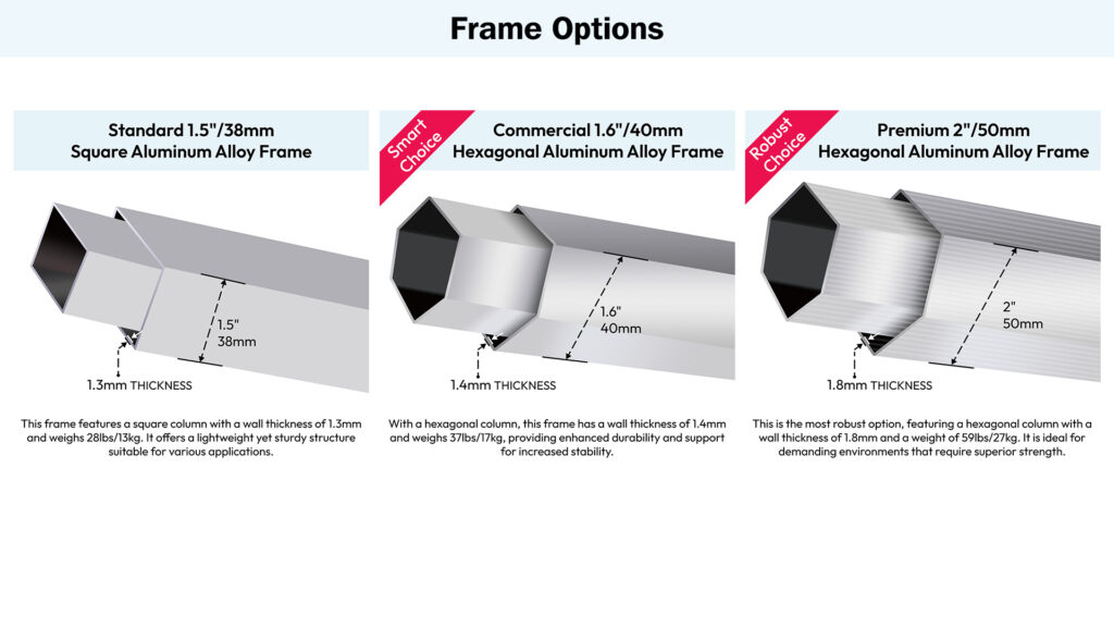 Various frame options for custom canopy tents showing different shapes and sizes