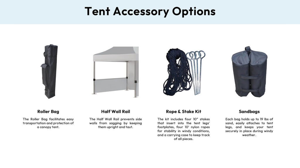 Assorted accessories for custom canopy tents, including roller bags, ropes, and sandbags.